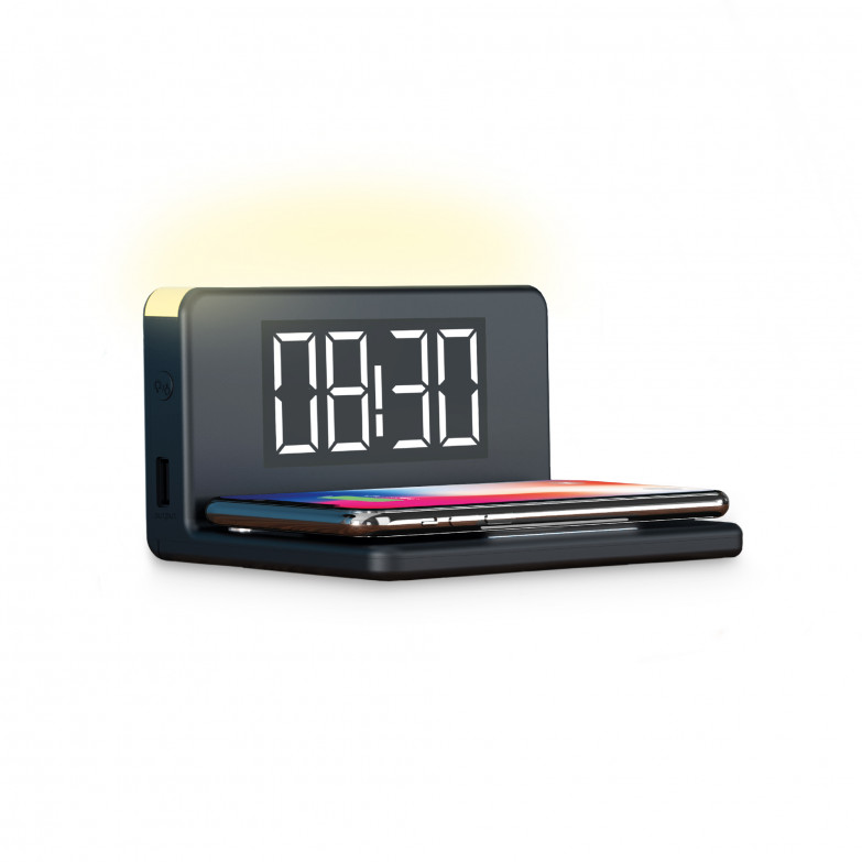 KSIX alarm clock and wireless charger 10W, fast charge, Adjustable light and color temperature, USB-A, Black