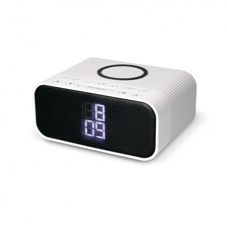 Despertador cargador inalámbrico KSIX 10W, Tec. Qi, Altavoz Wireless, Radio FM, 2 Alarmas, 3 intensidades luz, Blanco