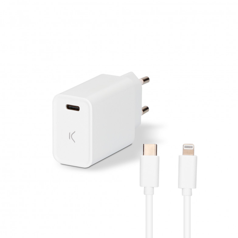 KSIX 20 W wall charger, PPS, Power Delivery, Made for iPhone, Fast charge, USB-C + 1 m USB-C to Lightning cable, White