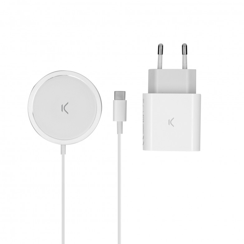 KSIX Wireless charger for iPhone 12 and later, MagCharge, 15W, Power Delivery, 1m cable + Wall charger, 20W, White