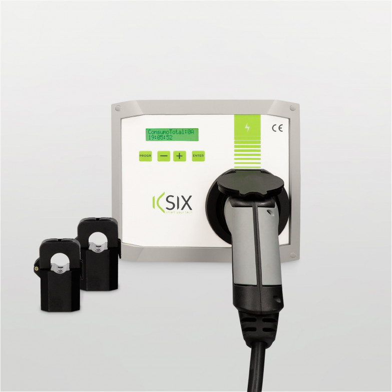 Kit Cargador coche eléct. Policharger KSIX IN-SC 7.4kW, Sensor fotovoltaico y Gestión Dinámica Potencia + Manguera 5m T2-T2