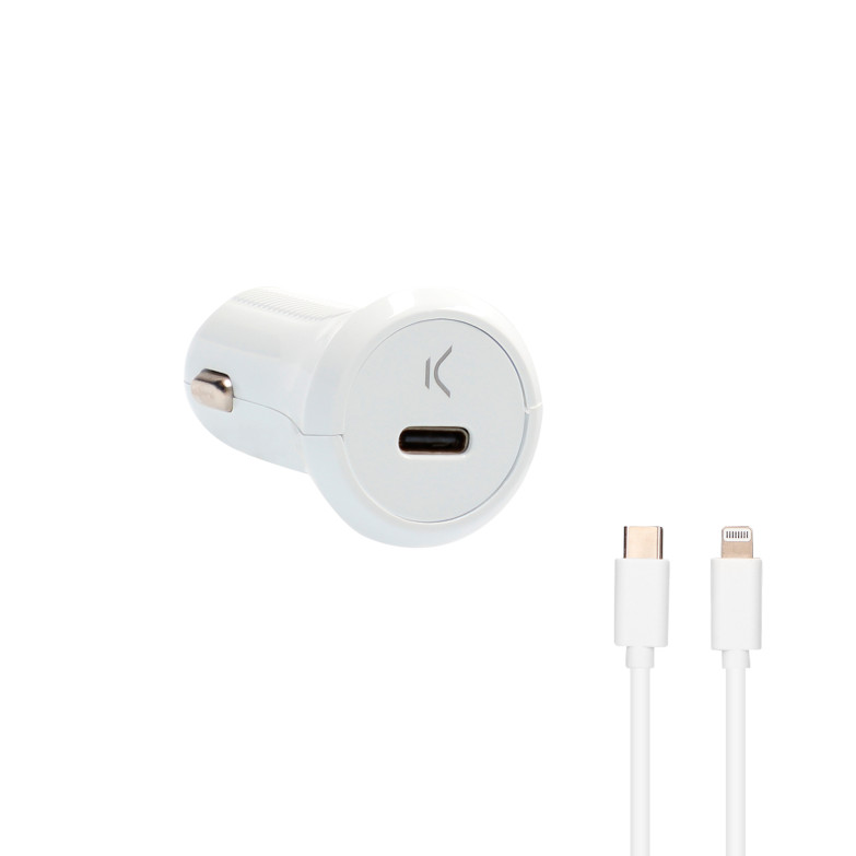 KSIX Car Charger, 18W, Fast Charging, Power Delivery + Cable USB-C to Lightning Made for iPhone, White