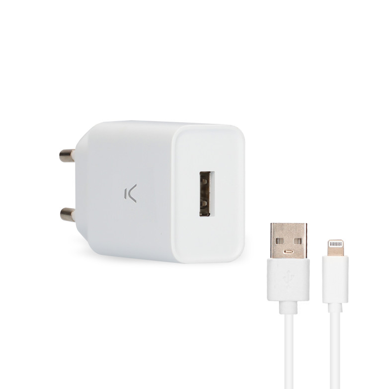 Cargador de red KSIX 12 W, Made for iPhone, Puerto USB-A + Cable USB-A a Lightning 1 m, Blanco