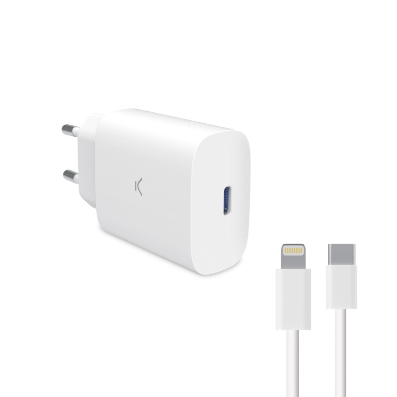 KSIX GaN 30 W wall charger, PPS, Power Delivery, Ultra fast charge, USB-C + 1 m USB-C to Lightning cable, White