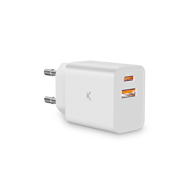 Cargador de red KSIX 20 W, PPS, Power Delivery, Carga rápida, Multipuerto 1 x USB-C + 1 x USB-A, Blanco