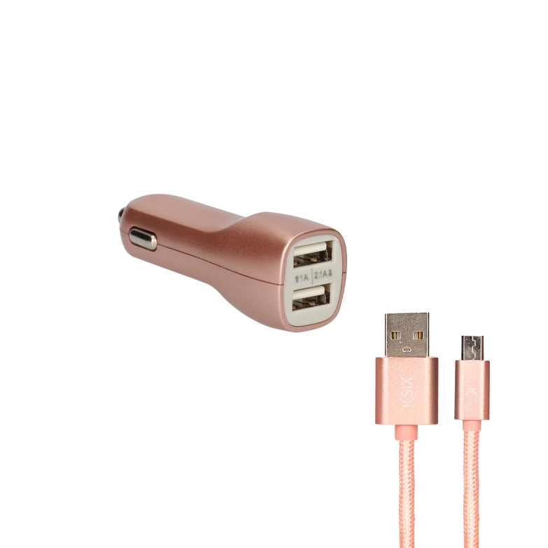 Cargador de coche Contact, 10W, 2 salidas, USB + cable USB A - Micro USB, Rosa metalizado