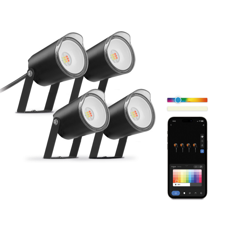 Set 4 focos outdoor SmartLED KSIX, WiFi + APP incluida, 18W, 900 lúmenes, RGBWIC, IP65, Ampliable, Estacas incluidas