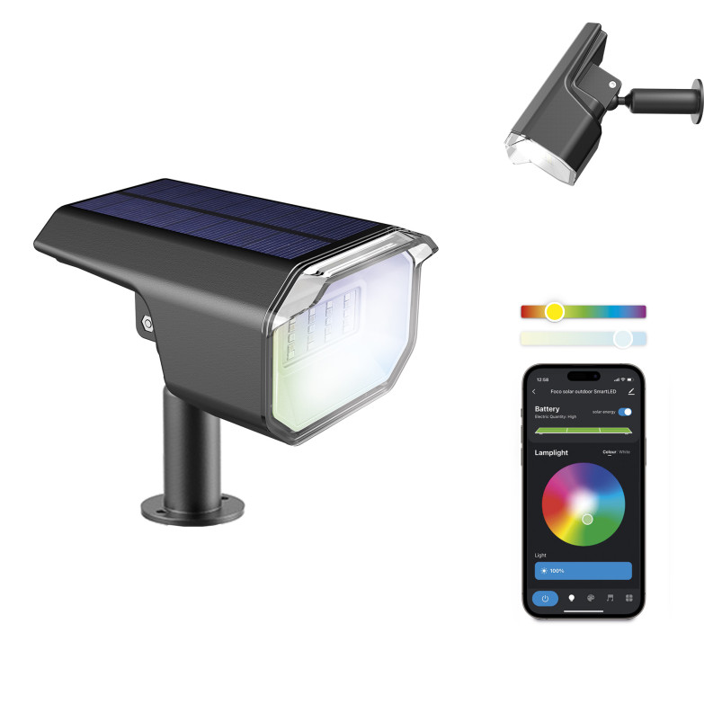 Foco solar outdoor SmartLED KSIX, WiFi + APP incluida, Panel solar, 100 lúmenes, RGB + CCT, IP65, Estaca incluida