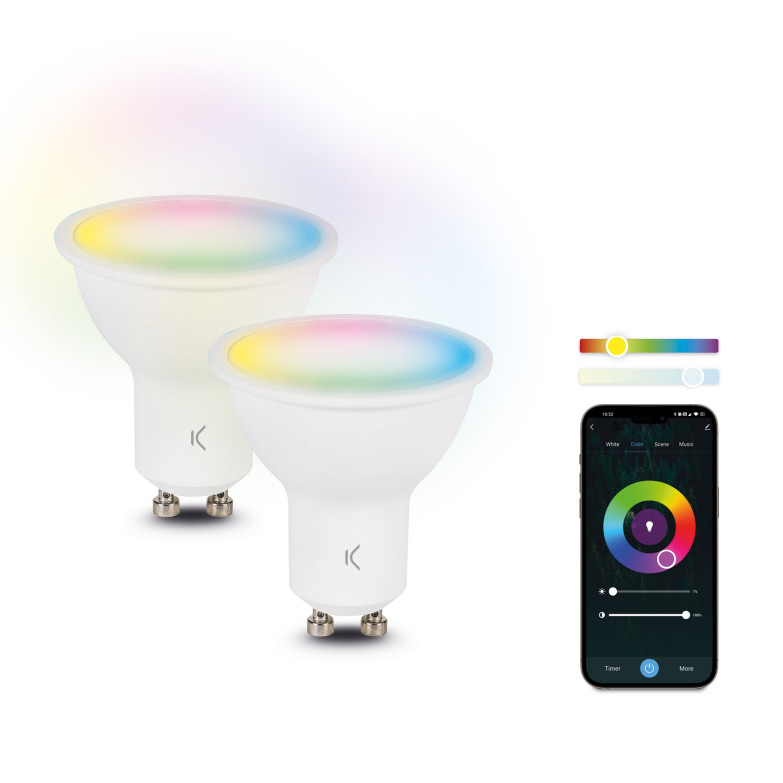 Bombillas inteligentes SmartLED GU10 KSIX, 5,5W equiv 35W, Pack 2, 400 lm, App Compatible Alexa, Google Home y Siri, RGB + CCT