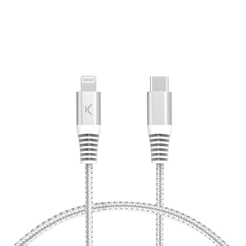 Cable de carga y datos USB-C a Lightning KSIX 60W, Made For iPhone, Power Delivery, Carga ultra rápida, Trenzado, 2 m, Blanco