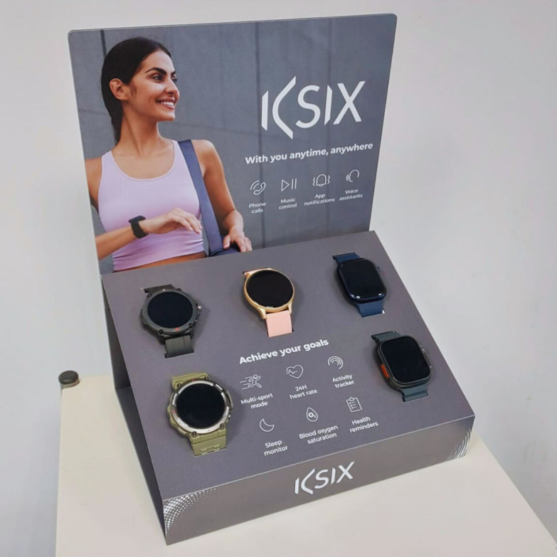 Expositor para smartwatches KSIX, Automontaje, PVC resistente, 34x27,5x21 cm, Capacidad 5 uds