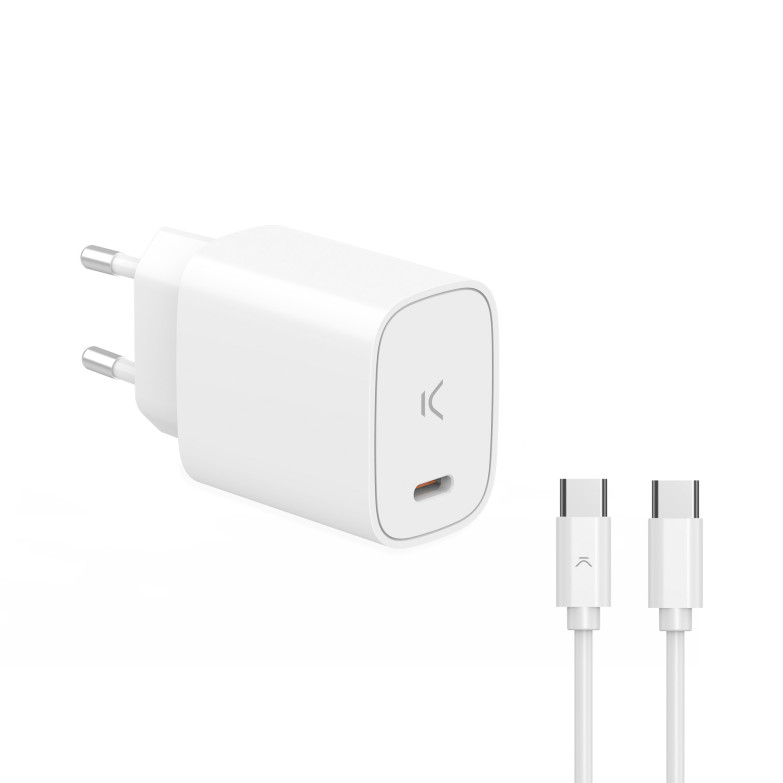 KSIX 20 W wall charger, Power Delivery, Ultra fast charge, USB-C + 1 m USB-C to USB-C cable, White