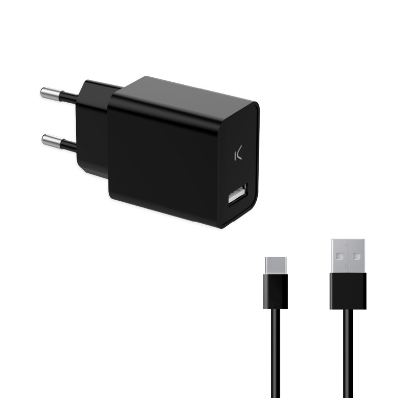 Cargador de red KSIX 12 W, USB-A + Cable USB-A a USB-C 1 m, Negro