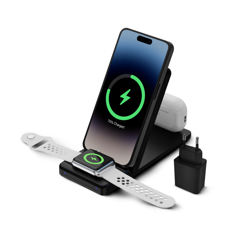 KSIX wireless charger 3in1 15 W, Simultaneous fast charge, For Qi smartphones, Apple Watch and AirPods, Charger+Cable, Black