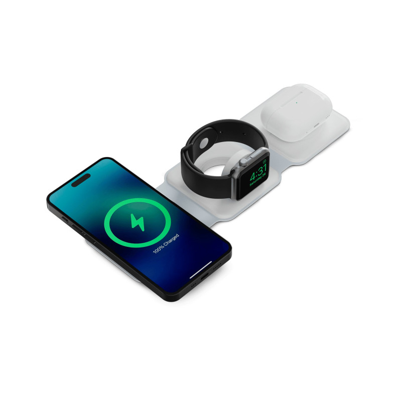 Cargador inalámbrico KSIX 3en1 15 W, Plegable, Compatible MagSafe, Carga rápida, Para móviles Qi, Apple Watch y AirPods, Blanco