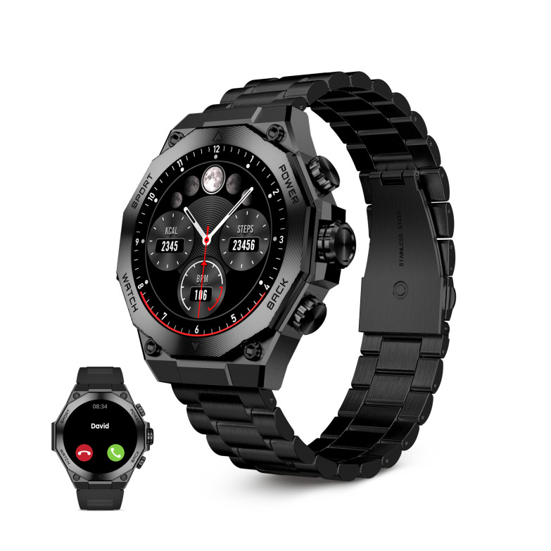 Smartwatch KSIX Titanium, Pantalla AMOLED 1,43”, 2 correas, Aut. 5 días, Modos deporte y salud, Llamadas, Asistentes voz, Negro