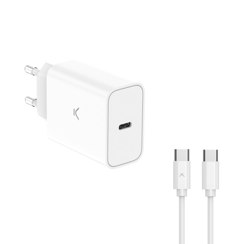 Cargador de red KSIX 30 W, PPS, Power Delivery, Carga ultra rápida, USB-C + Cable USB-C a USB-C 60 W, 1 m, Blanco