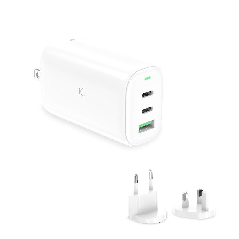 KSIX GaN 65W Multiport Wall Charger, PPS, Power Delivery, Ultra Fast Charging, US+EU+UK Connectors, White