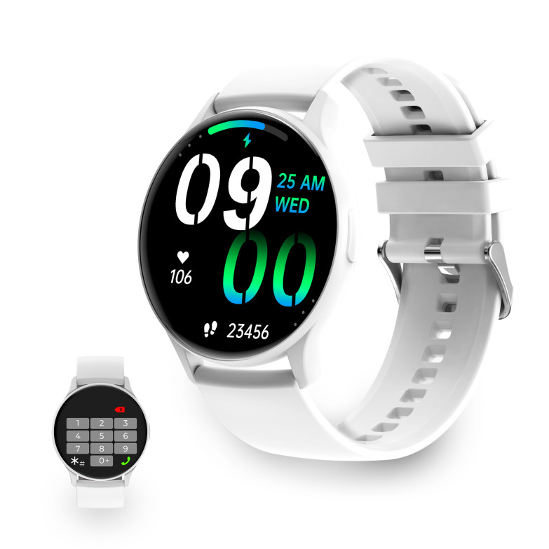 Smartwatch KSIX Core, Pantalla AMOLED 1,43”, Aut. 5 días, Modos deporte y salud, Llamadas, Asistentes de voz, Sumergible, Blanco