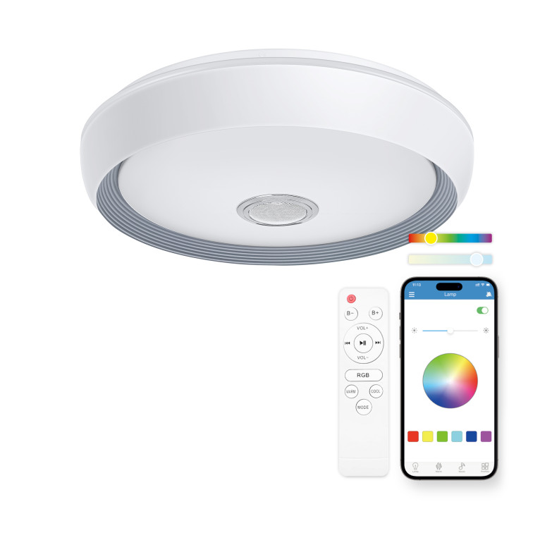 KSIX Glory SmartLED ceiling light, 5 W built-in speaker, RGB+CCT, 47 cm diameter, 6.200 lm, 58 W, iLink app, White