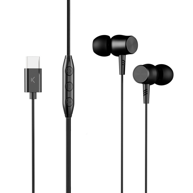 Auriculares con cable KSIX, USB-C, 120cm Compatible Android + iPhone 15 y post., Llamadas, Botón multifunción, Negro