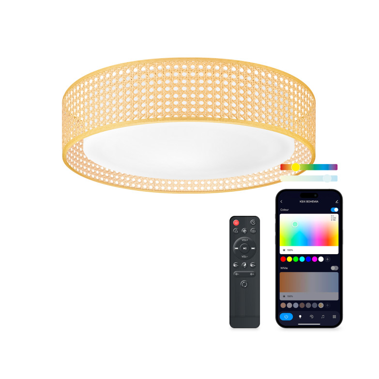 KSIX Bohemia SmartLED ceiling light, Rattan design, 3W speaker, RGBIC + CCT, Ø46 cm, 4,000 lm, 35 W, Tuya App, White