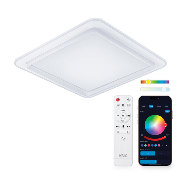 KSIX SmartLED Ceiling Light Celeste, Square Design, Speaker, RGBIC + CCT, 48.5x48.5x9 cm, 4450 lm, 35W, Tuya App, White