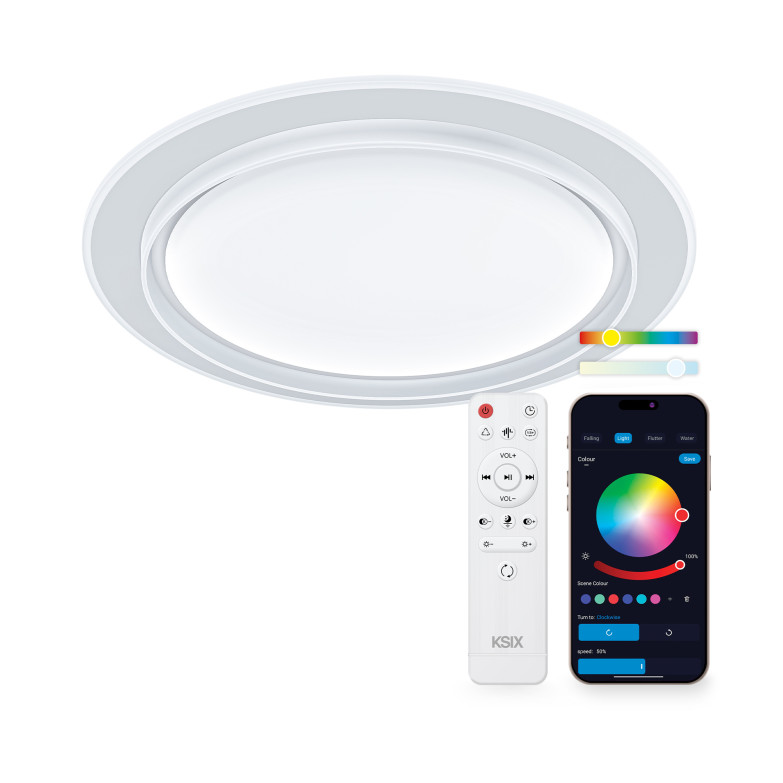 KSIX SmartLED Ceiling Light Sfera, Round Design, Speaker, RGBIC + CCT, Ø49x8 cm, 4500 lm, 34.9W, Tuya App, White