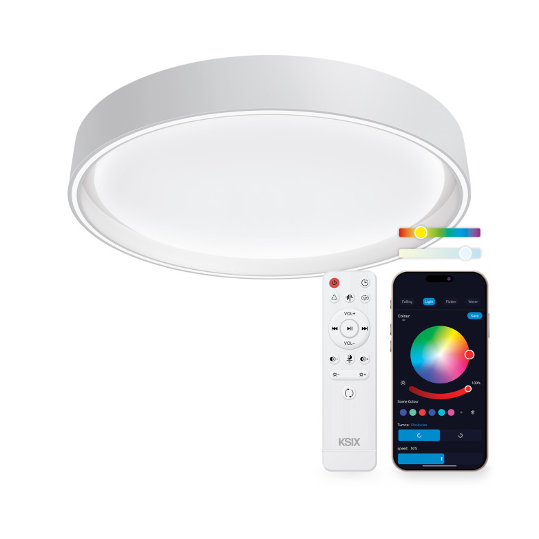 KSIX SmartLED Ceiling Light Helios, Round Design, Speaker, RGBIC + CCT, Ø40x10 cm, 3400 lm, 25.5W, Tuya App, White