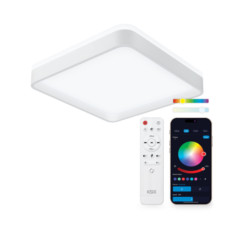 KSIX SmartLED Ceiling Light Stellar, Square Design, Speaker, RGBIC + CCT, 38.5x38.5x8.5cm, 3400 lm, 25.5W, Tuya App, White