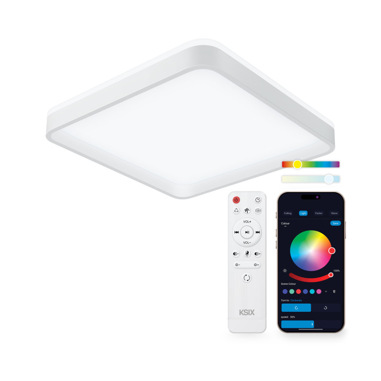 KSIX Stellar Plus Smart LED Ceiling Light, Square Design, Speaker, RGBIC + CCT, 49x49x7.5cm, 4450 lm, 35W, Tuya App, White